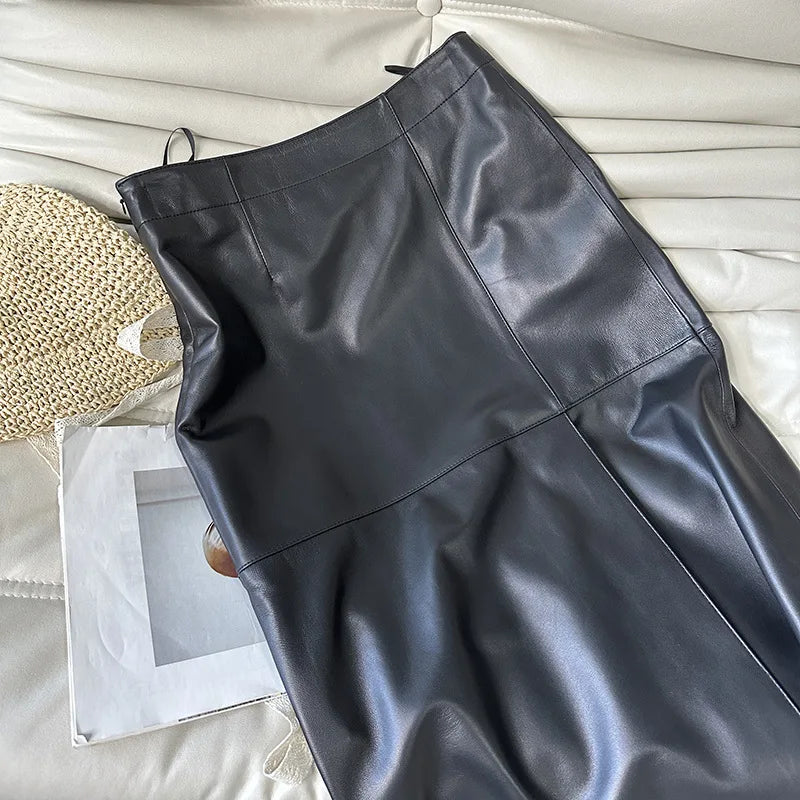 100% Real Leather Long Skirt Women 2024 New Fashion High Waist  Sexy Split Wrap Skirt Chic Ladies Sheepskin Pencil Skirts Luxury