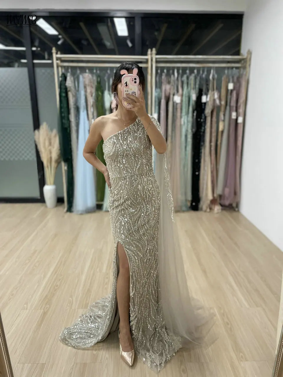 MYMB Champagne Amazing Beaded One Shoulder Mermaid Formal Occasion Dresses Sexy Cape Sleeve Evening Gowns with Side Split Y30023