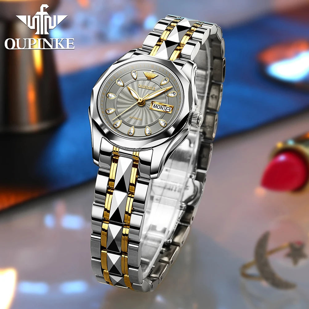 OUPINKE 3172 Fashion Simple Women Watch Gold Luxury Automatic Movement Mechanical Watch Business Calendar Elegant Women Watch