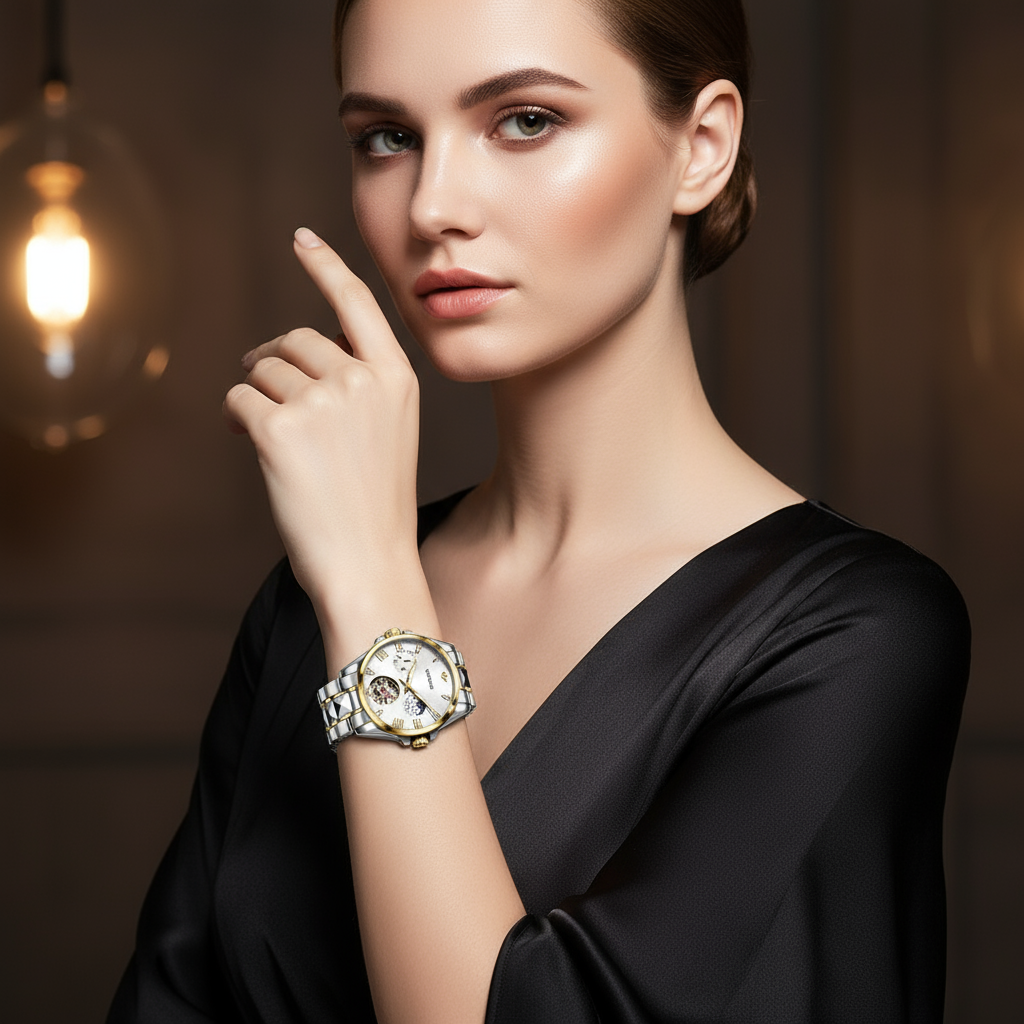 OUPINKE 3202 Women Watch Original Tungsten Steel Moon Phase Waterproof Watch Luxury Swiss Brand Women Automatic Mechanical Watch
