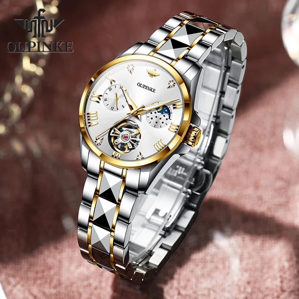 OUPINKE 3202 Women Watch Original Tungsten Steel Moon Phase Waterproof Watch Luxury Swiss Brand Women Automatic Mechanical Watch