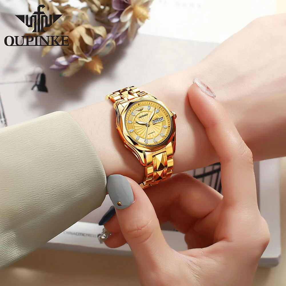 OUPINKE 3172 Fashion Simple Women Watch Gold Luxury Automatic Movement Mechanical Watch Business Calendar Elegant Women Watch