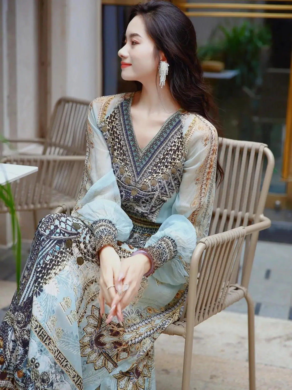 Spring Autumn New V-neck Long Sleeve Fashion Maxi Dress Women High Street Vintage Printing Dresses Elegant All-match Vestidos