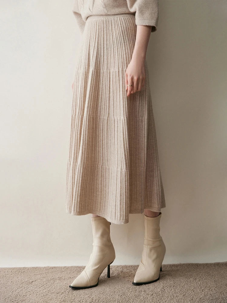 100% Cashmere Knitted Skirt Autumn Winter Women Elegant Tiered Pleats Slim A-line High Waisted Soild Office Lady Dress High-end