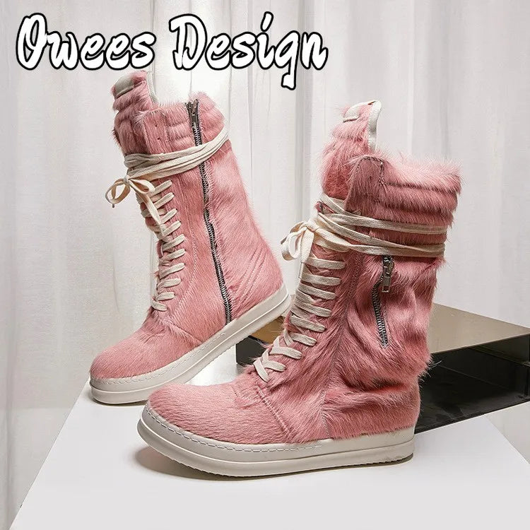 Men Horsehair Boots New Brand Shoes Women Genuine Leather High Top Zip Pockets Lace Up Shoes High Street Vintage Sneakers Unisex