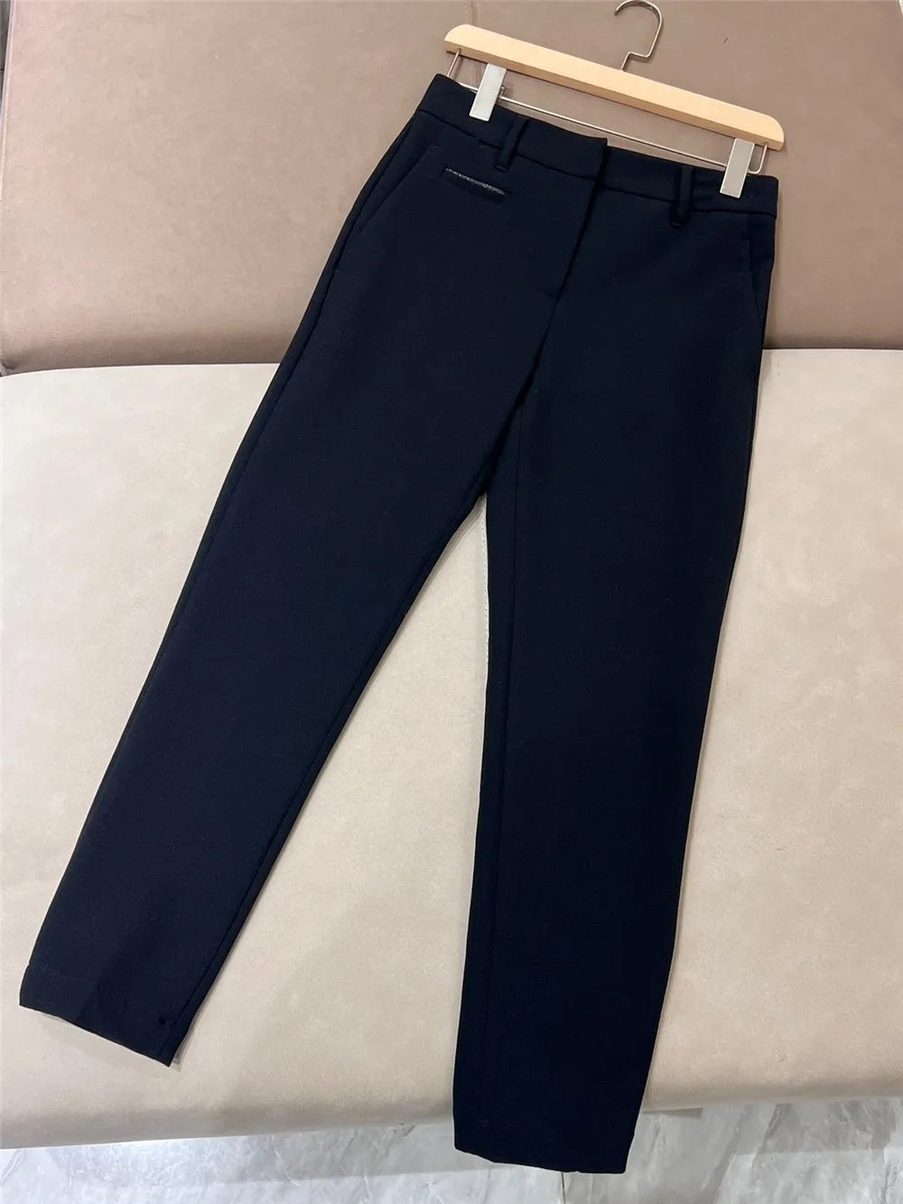 Worsted Wool Four Side Stretch Straight pants Black Casual Suit Trousers Women New B C