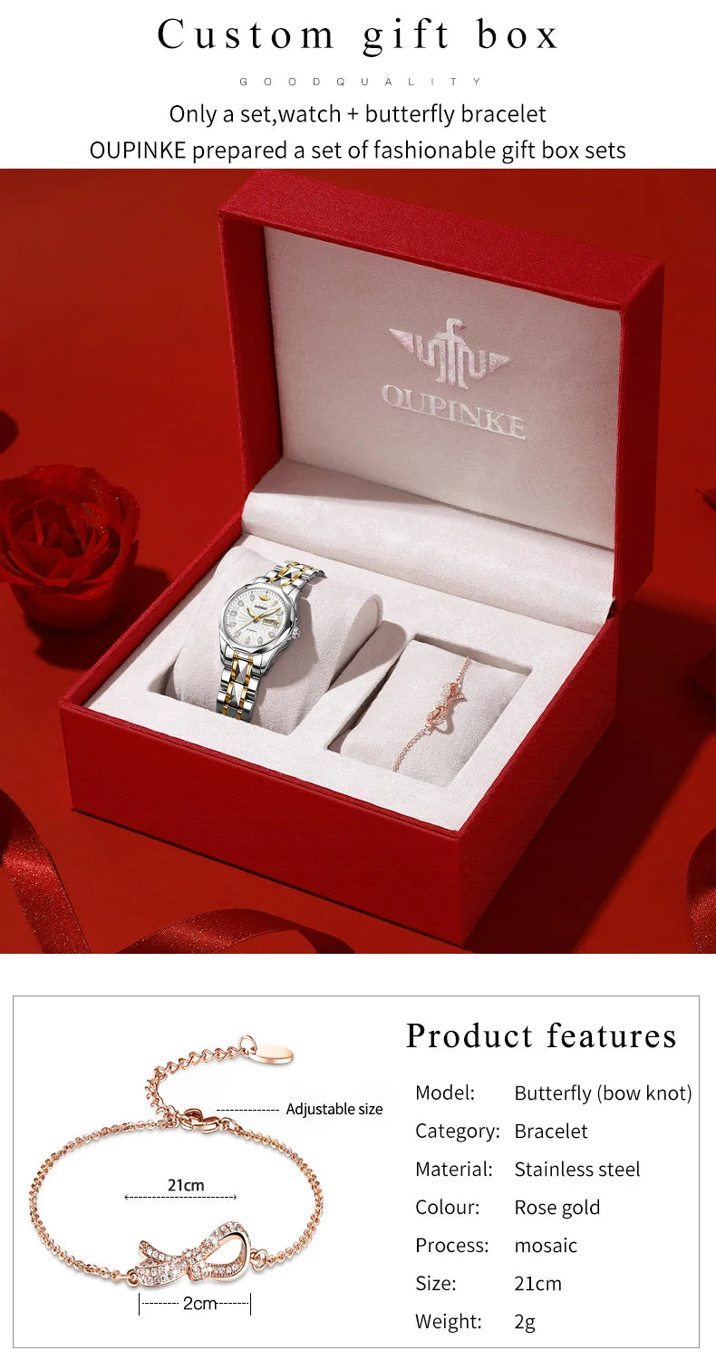 OUPINKE 3172 Fashion Simple Women Watch Gold Luxury Automatic Movement Mechanical Watch Business Calendar Elegant Women Watch