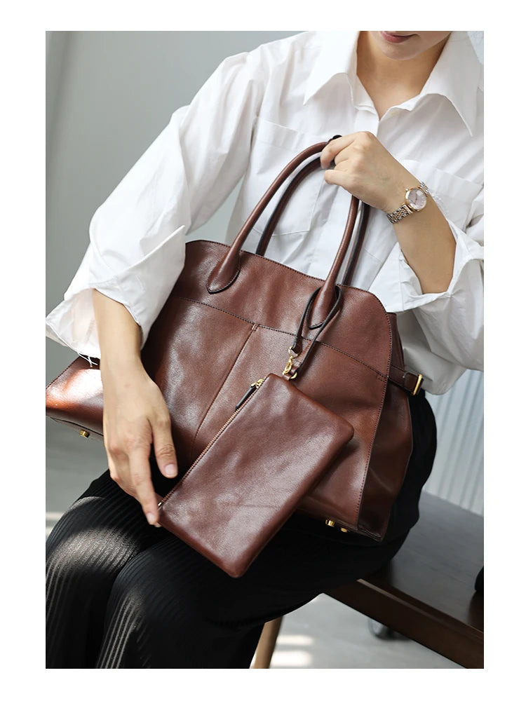 Women's Genuine Leather Large Capacity Tote Bag Female Retro Luxury Briefcase Vintage Cowhide Shoulder Handbag