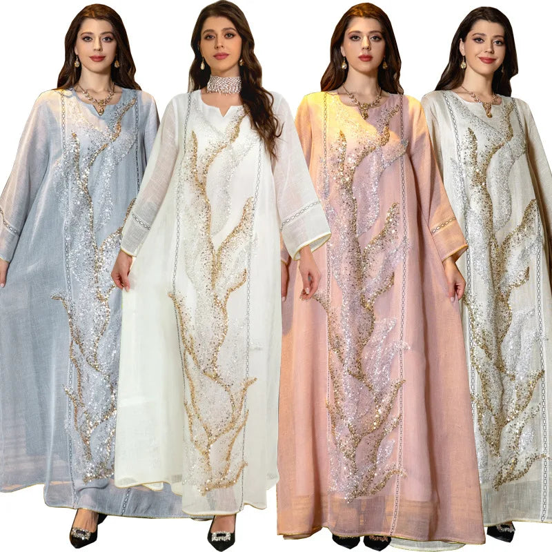 Middle East New White Mesh Bead Embroidery Muslim Dress Dubai Saudi Arabia Light Luxury Temperament Robe