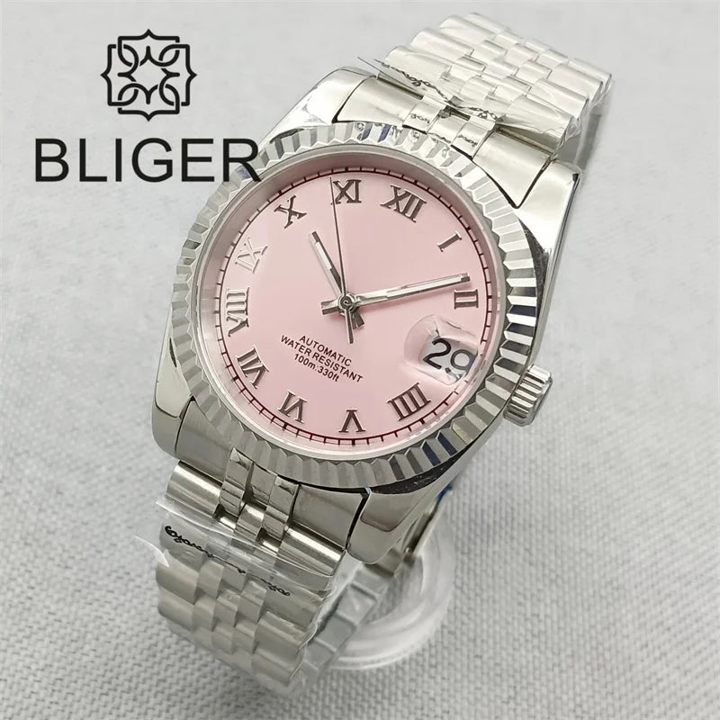 BLIGER 36mm Pink Dial WithDiamond Time Machenical Watch NH35 Automatic Movement Marks Steel Strap Silver Fluted Bezel Waterproof