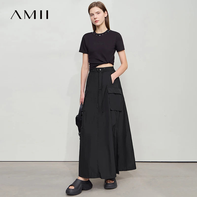 AMII Vacation Long Skirt 2025 Summer Women Loose Sun Protection Office Lady Solid Pockets Elastic Waist Cord Slit Skirt 12542106
