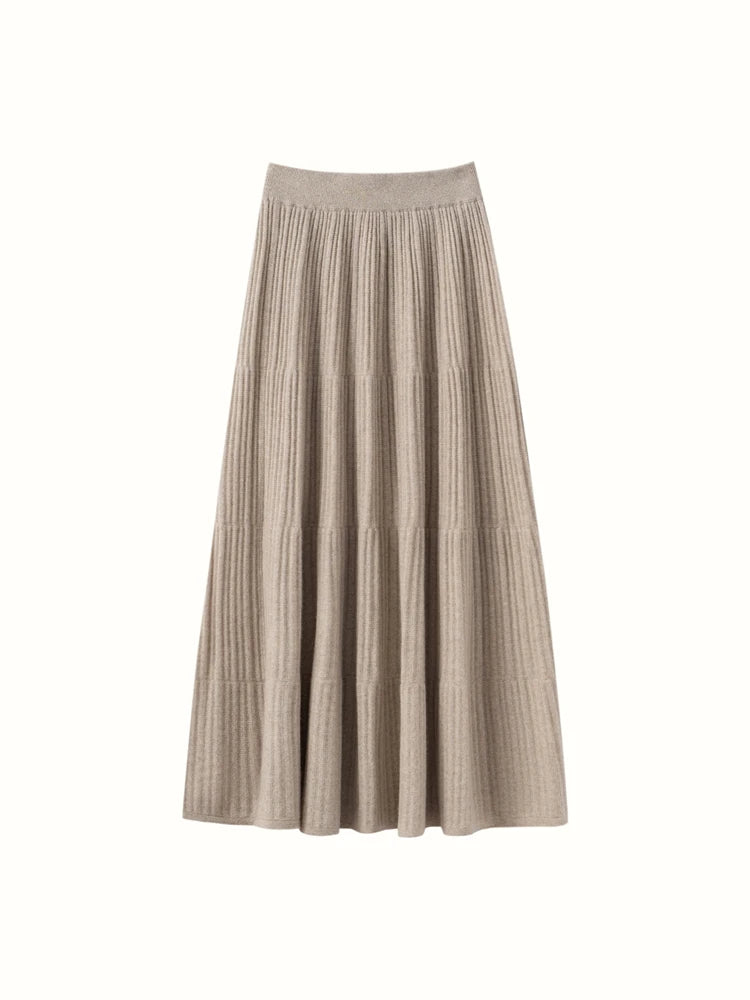 100% Cashmere Knitted Skirt Autumn Winter Women Elegant Tiered Pleats Slim A-line High Waisted Soild Office Lady Dress High-end