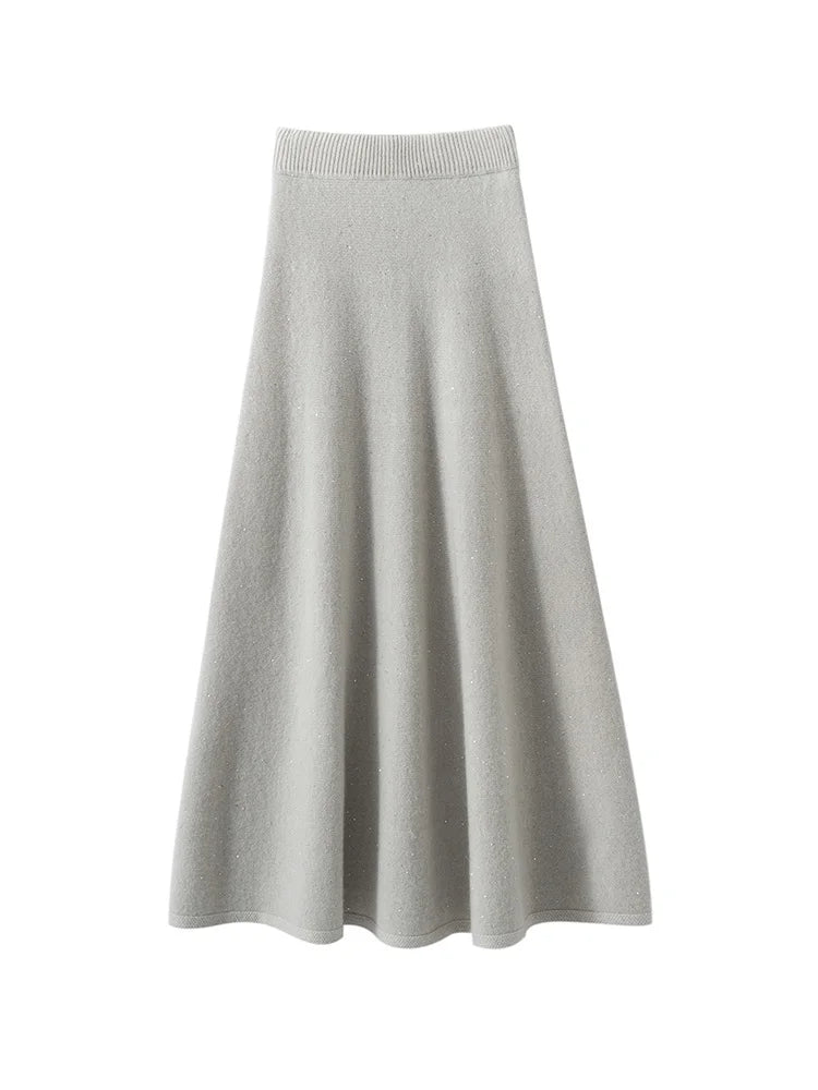 Luxury Women 100% Cashmere  Skirt Autumn Winter Thick Vintage Simple Style Sequined Umbrella Skirt Soft Warm  Knitted Skirt
