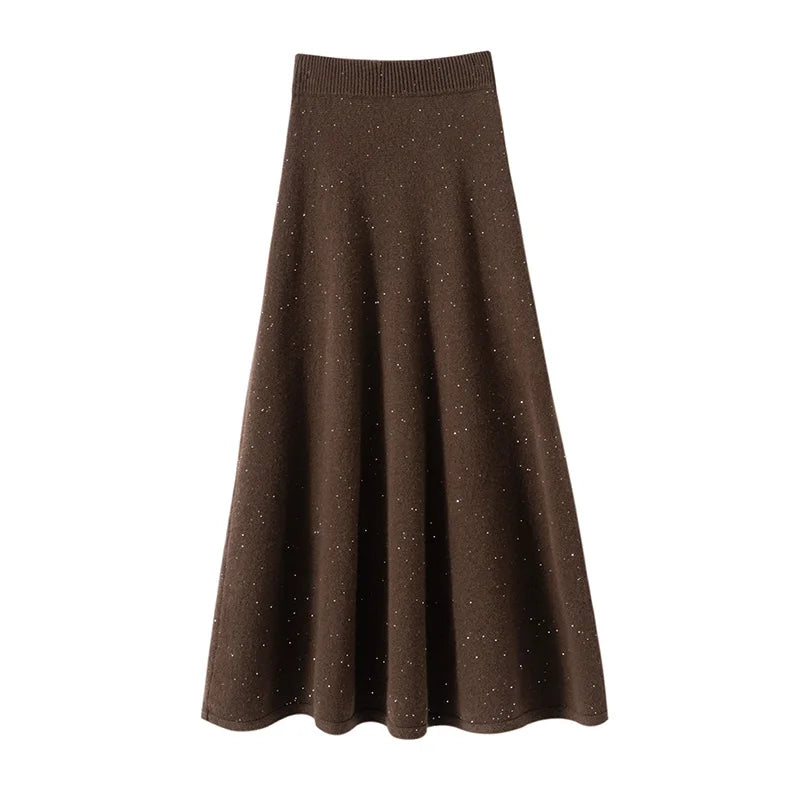 Luxury Women 100% Cashmere  Skirt Autumn Winter Thick Vintage Simple Style Sequined Umbrella Skirt Soft Warm  Knitted Skirt
