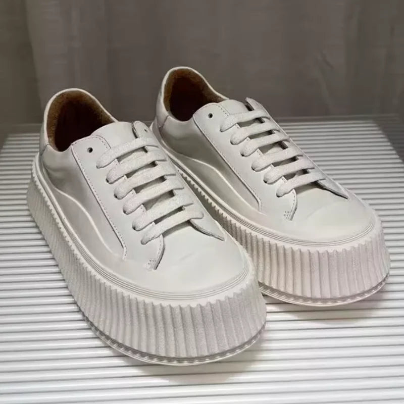 High-End 2024 Spring and Autumn New Thick-Soled Shoes, Jil White Sneakers for Women, Biscuit Shoes, Genuine Leather Height-Increasing Shoes