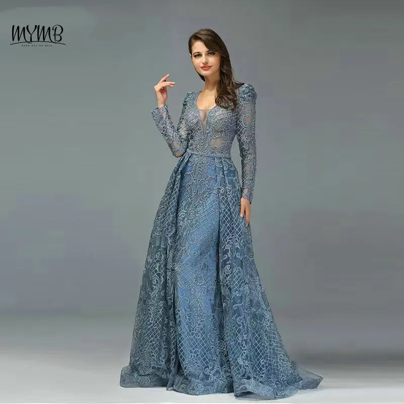 MYMB Blue Elegant Long Sleeves Women Celebrity Dress for Formal Occasions Luxury Arabic V Neck Beading Lace Evening Gowns DKN108