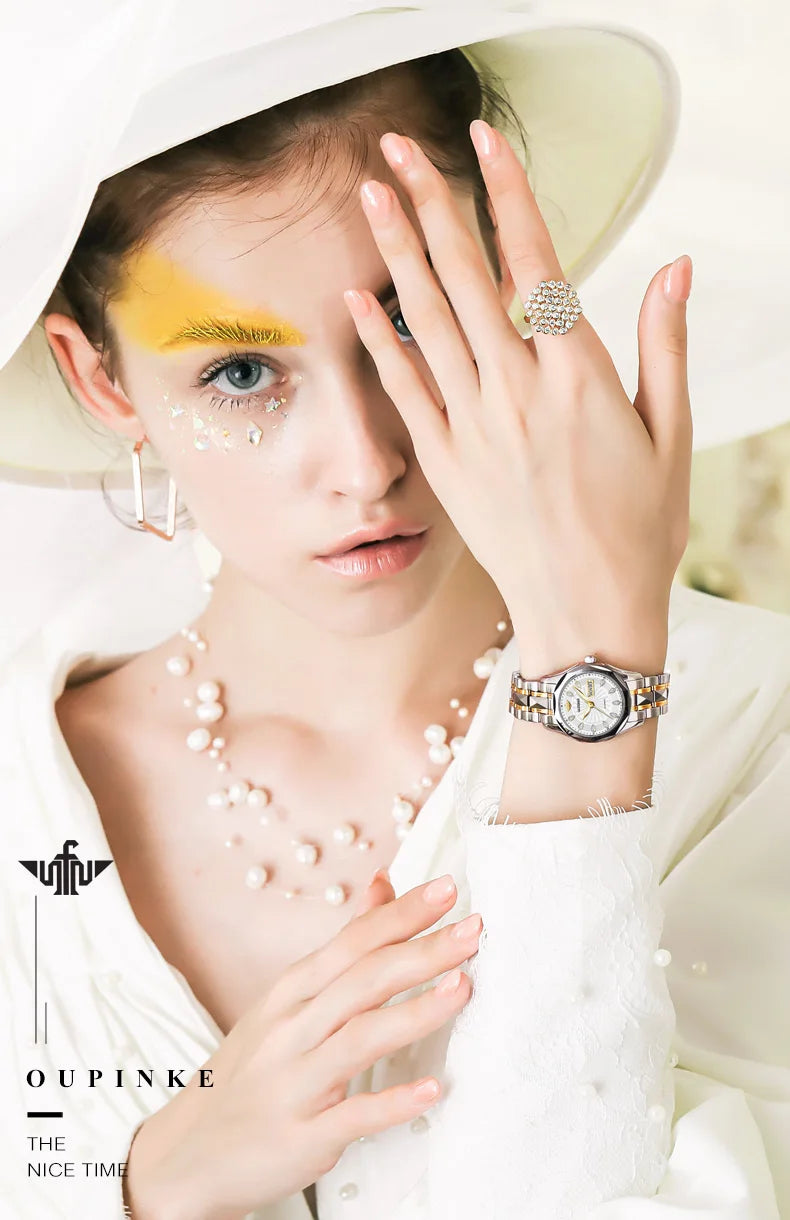 OUPINKE 3172 Fashion Simple Women Watch Gold Luxury Automatic Movement Mechanical Watch Business Calendar Elegant Women Watch