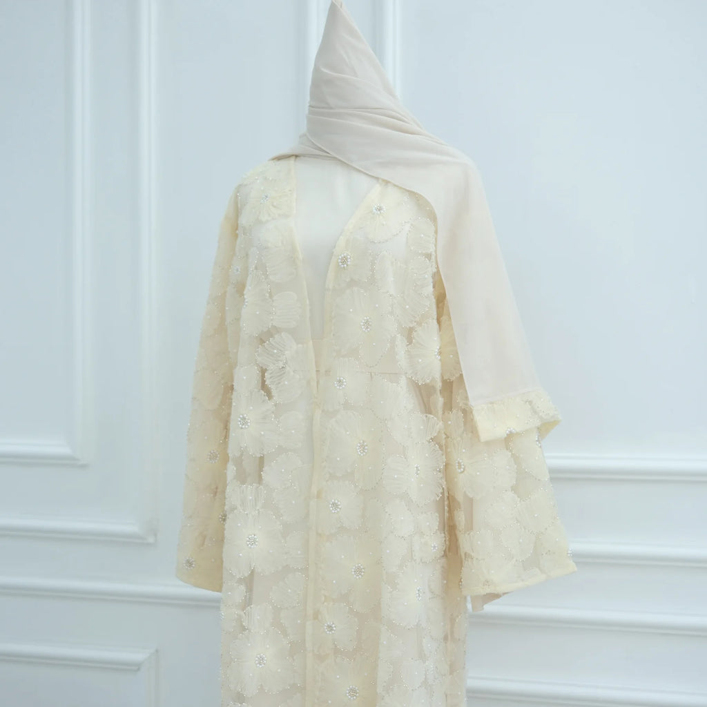 Luxury Dubai Lace Beads Cardigan Muslim Sets Women Hijab Abaya Kimono Jalabiya Ramadan Turkey Kaftan Robe Islam Clothing Caftan