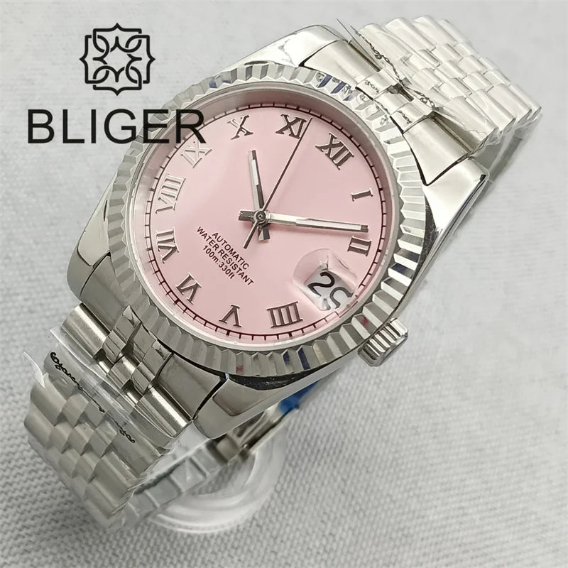BLIGER 36mm Pink Dial WithDiamond Time Machenical Watch NH35 Automatic Movement Marks Steel Strap Silver Fluted Bezel Waterproof