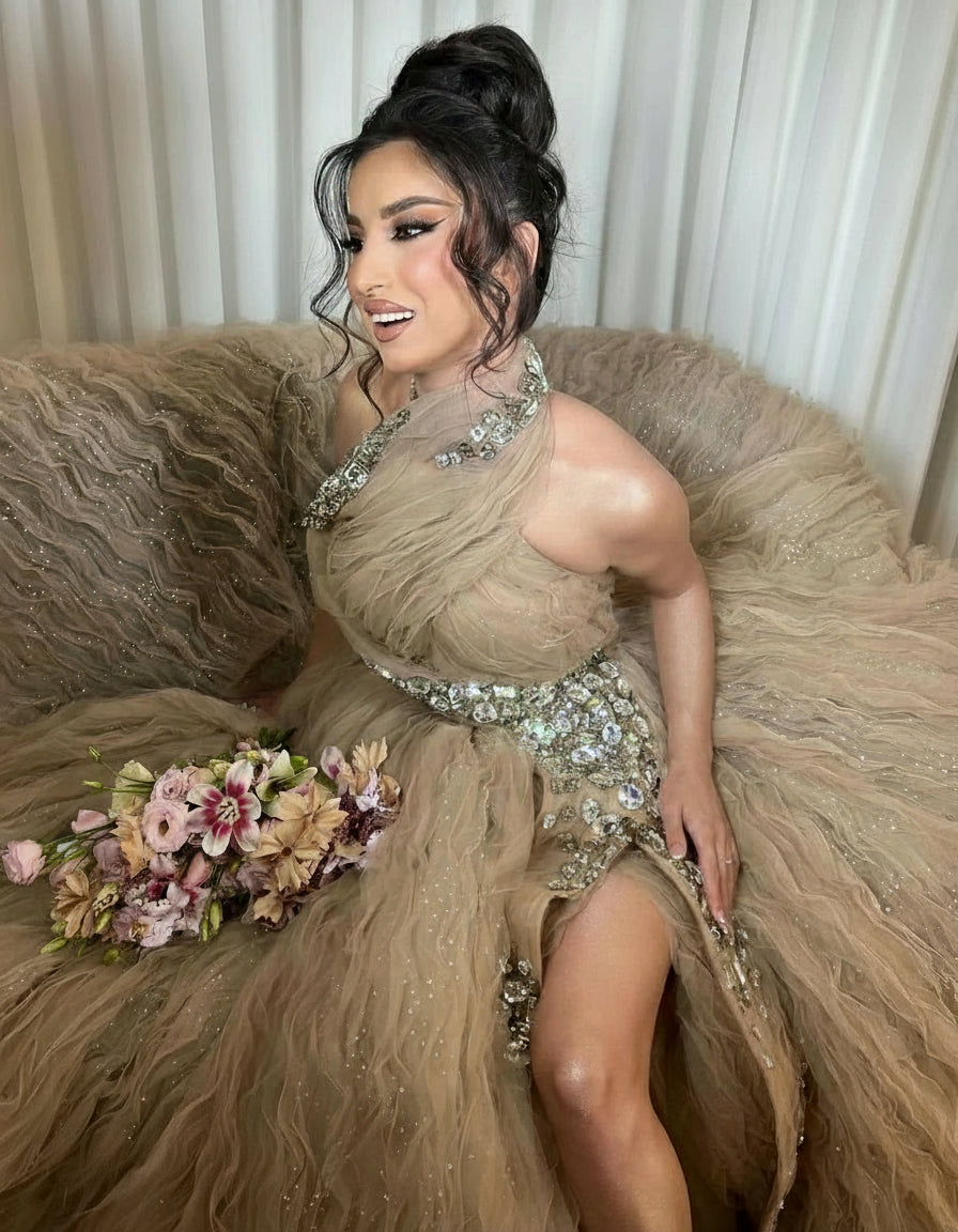 Light Brown Luxury Celebrity Dresses With Side Slit Elegant Red Carpet Runway Dresses Evening Gowns Vestidos De Noche Customized