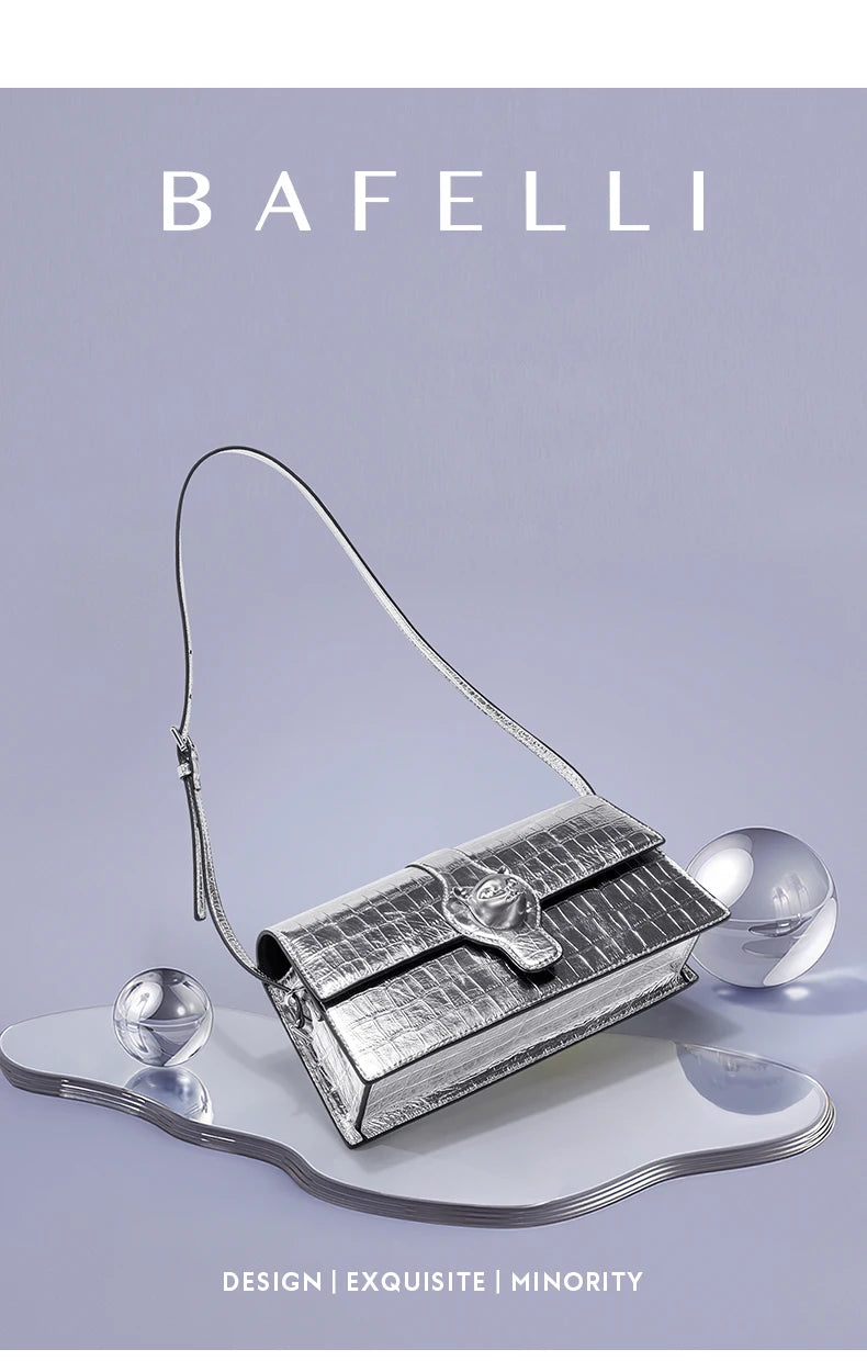BAFELLI 2025 NEW WOMEN'S LUXURY BAGS CAT BRAND FASHION HANDBAG SILVER LEATHER CLUTCH STYLISH EVENING CASUAL PURSE HIGH QUALITY