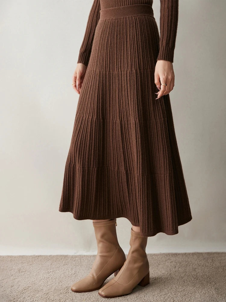 100% Cashmere Knitted Skirt Autumn Winter Women Elegant Tiered Pleats Slim A-line High Waisted Soild Office Lady Dress High-end