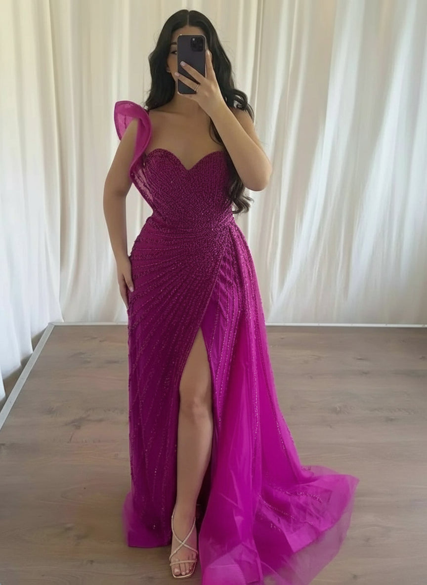 MYMB Gorgerous Green High Split Mermaid Beaded Wedding Party Dress Luxury Sweetheart Neck One Shoulder Evening Ball Gown MB40031