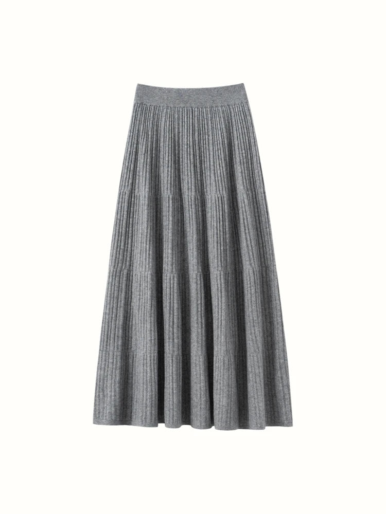 100% Cashmere Knitted Skirt Autumn Winter Women Elegant Tiered Pleats Slim A-line High Waisted Soild Office Lady Dress High-end