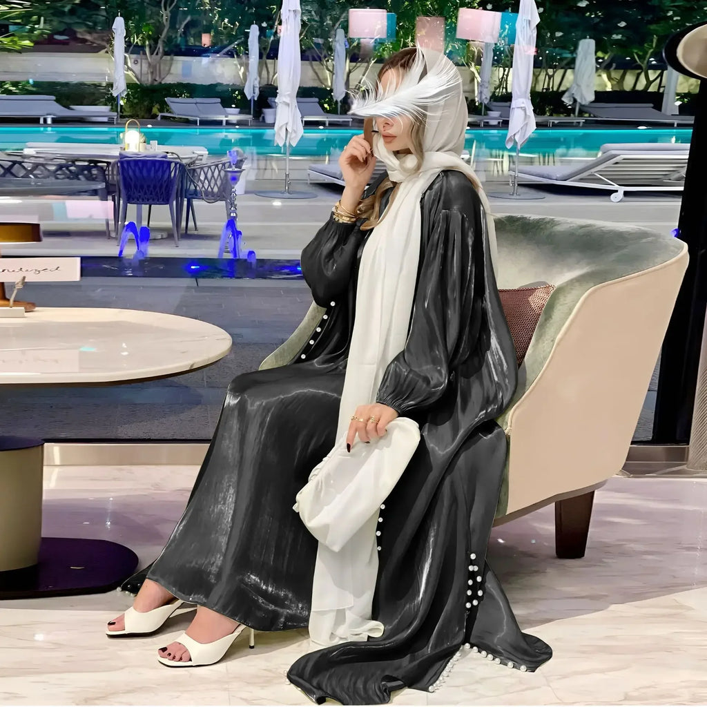 2025 Caftan Muslim Abaya Women Dress 2 Piece Set Abayas Gowns Dubai Arabic Silk Satin Kimono Cardigan Robe Outwear Autumn