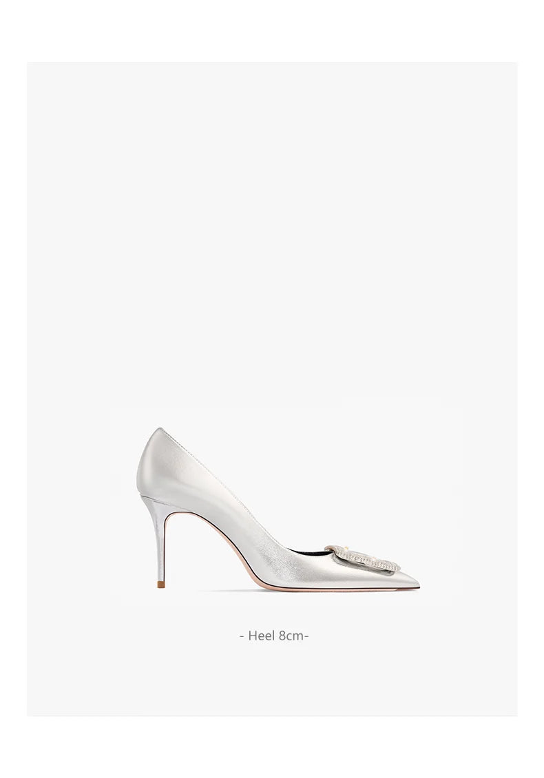 Silver Women Pumps Soft Comfortable Ladies High Heels Pointed Toe with Square Rhinestones Buckle Size 43 Wedding Shoes