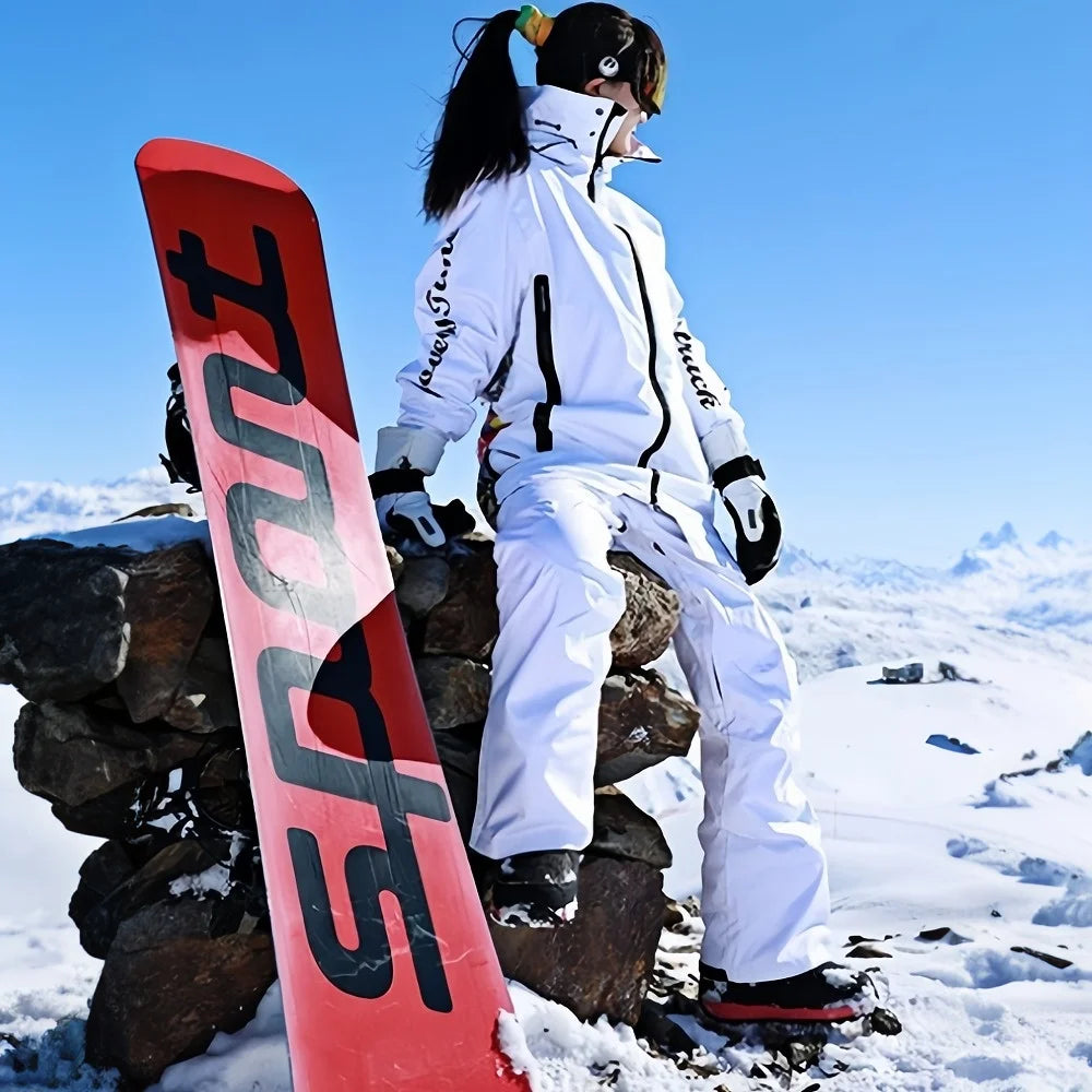 New Women's Waterproof Ski Suit Set Winter Sports Unisex White Clothes Fashion Print Snow Jacket Adjustable Shoulder Strap Pants