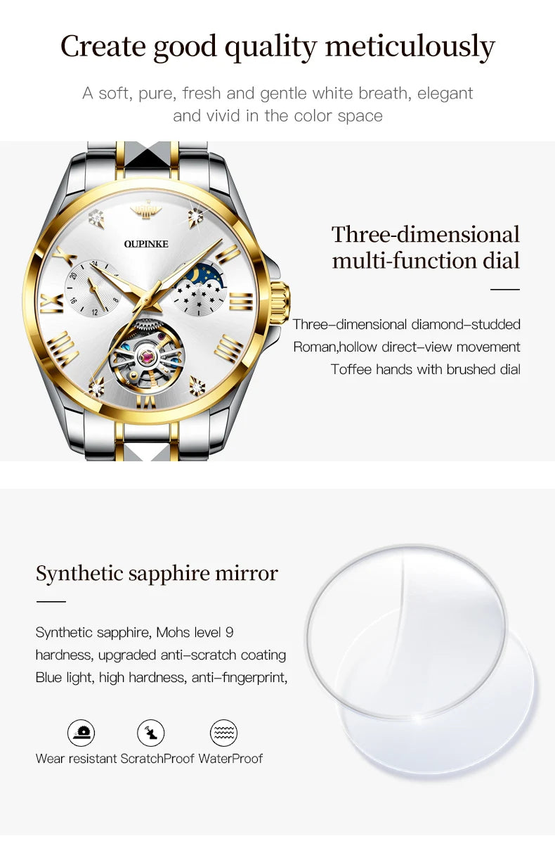 OUPINKE 3202 Women Watch Original Tungsten Steel Moon Phase Waterproof Watch Luxury Swiss Brand Women Automatic Mechanical Watch