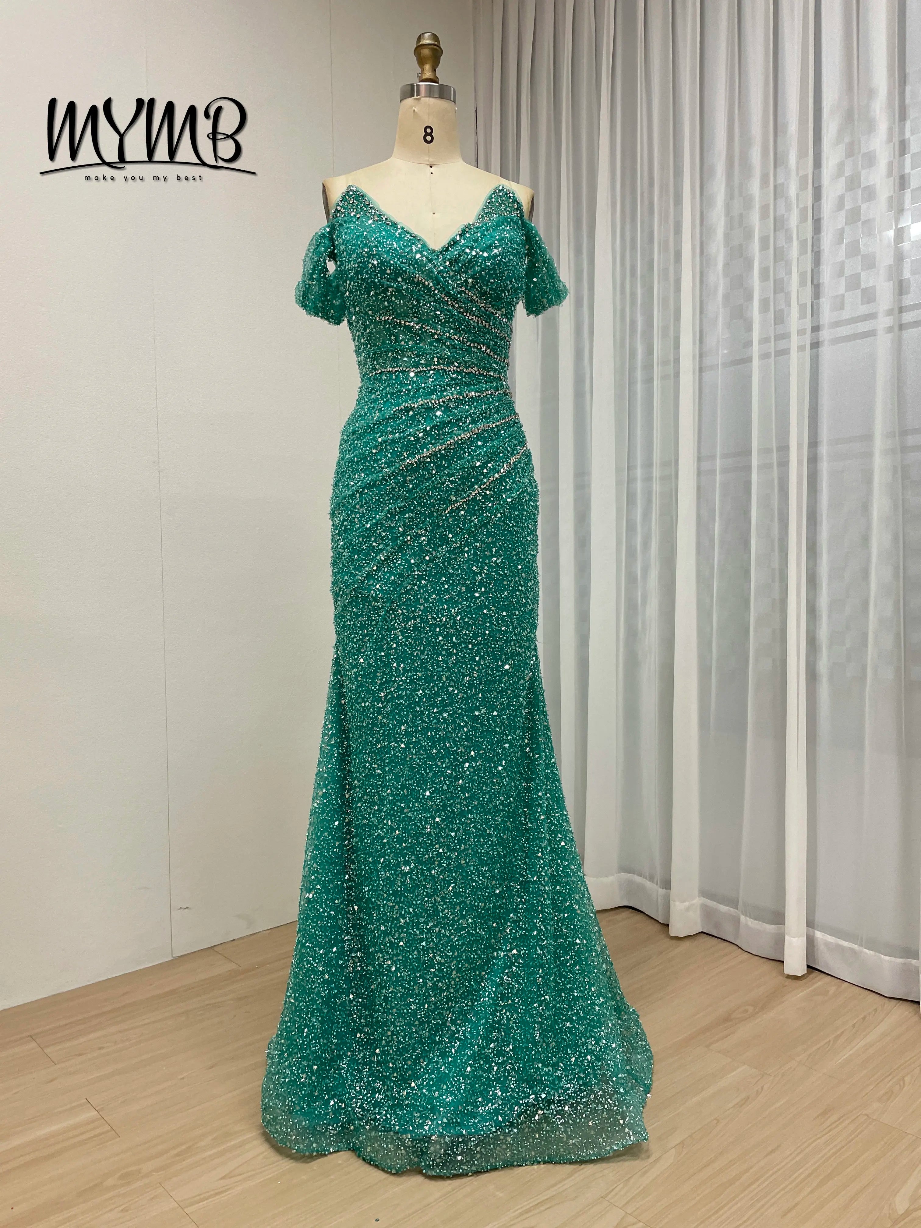 MYMB Fashion Sparkly Luxury V Neck Off Shoulder Green Beaded Sequins Mermaid Prom Party Evening Dresses Gowns for Women MY30185