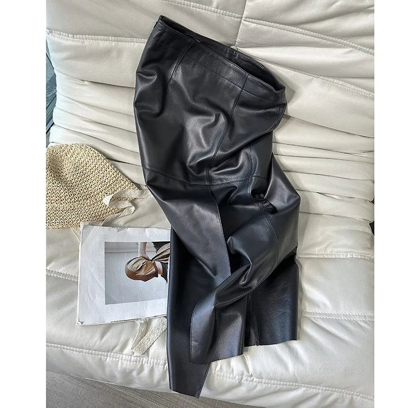 100% Real Leather Long Skirt Women 2024 New Fashion High Waist  Sexy Split Wrap Skirt Chic Ladies Sheepskin Pencil Skirts Luxury