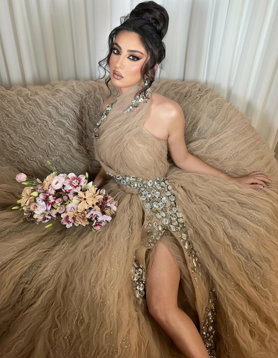 Light Brown Luxury Celebrity Dresses With Side Slit Elegant Red Carpet Runway Dresses Evening Gowns Vestidos De Noche Customized