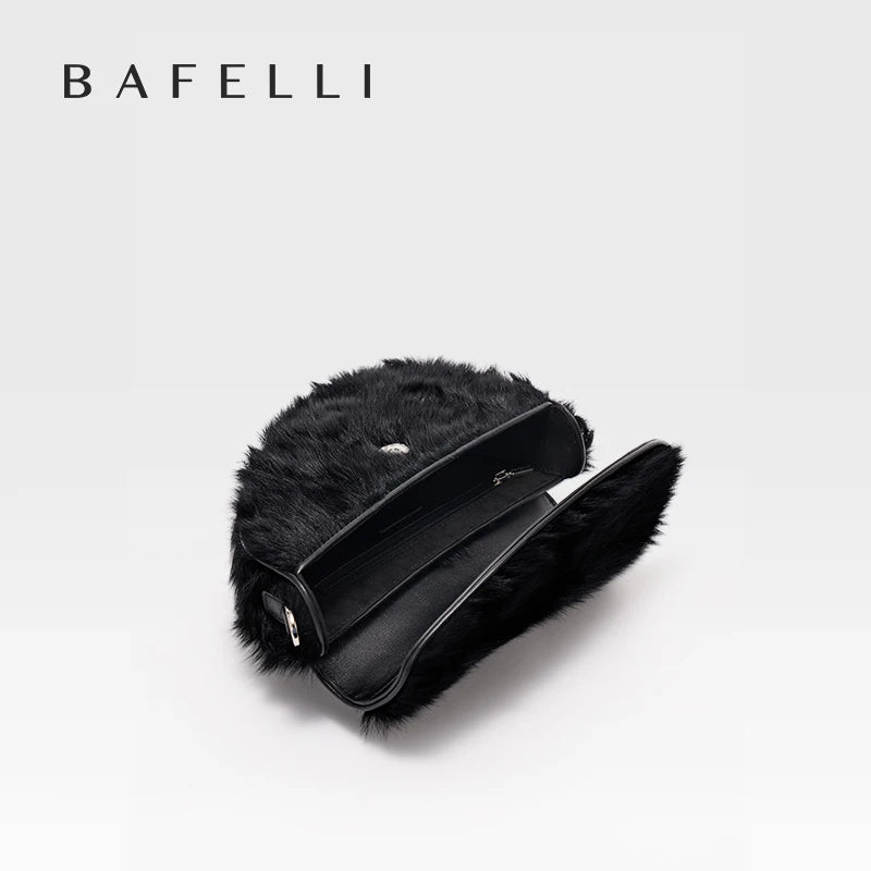 BAFELLI 2025 NEW WOMEN'S HANDBAG TREND GENUINE LEATHER FASHION STYLE WINTER SADDLE FUR BAGS LUXURY BRAND DESIGNER SHOULDER PURSE
