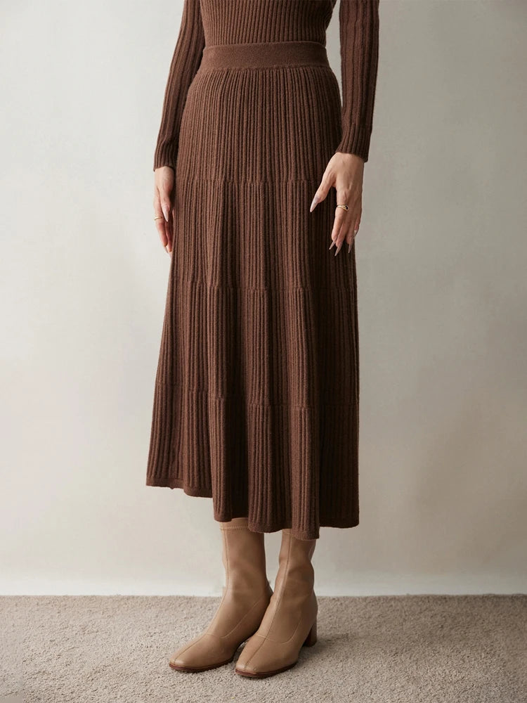 100% Cashmere Knitted Skirt Autumn Winter Women Elegant Tiered Pleats Slim A-line High Waisted Soild Office Lady Dress High-end