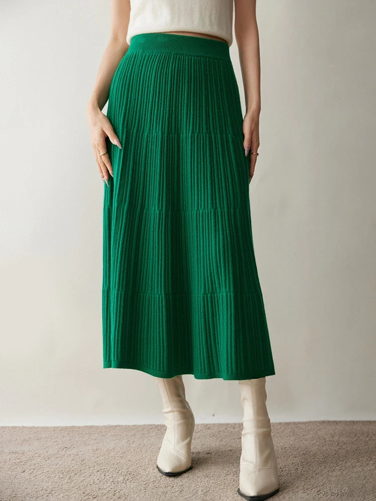 100% Cashmere Knitted Skirt Autumn Winter Women Elegant Tiered Pleats Slim A-line High Waisted Soild Office Lady Dress High-end