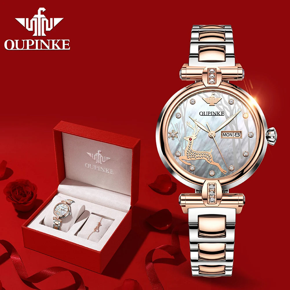 OUPINKE 3180 Luxury Brand Women Watch Original Automatic Mechanical Watch Calendar Elegant Women Dress Bracelet Watch Gift Box