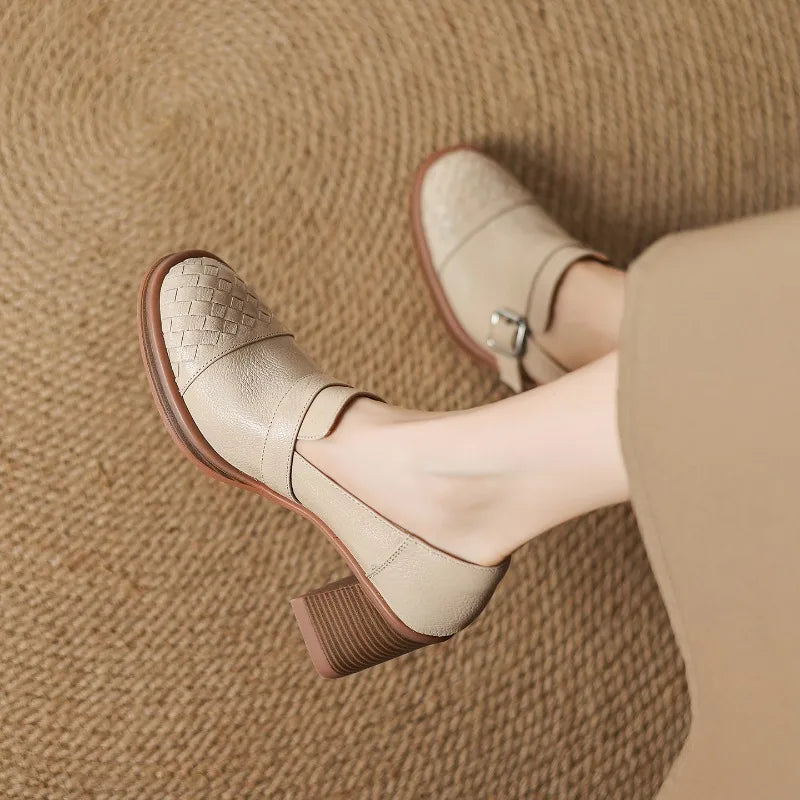 Women Genuine Leather Pumps Solid Color Fashion Simple Elegant All Season Daily Wear High Heels ≥5cm