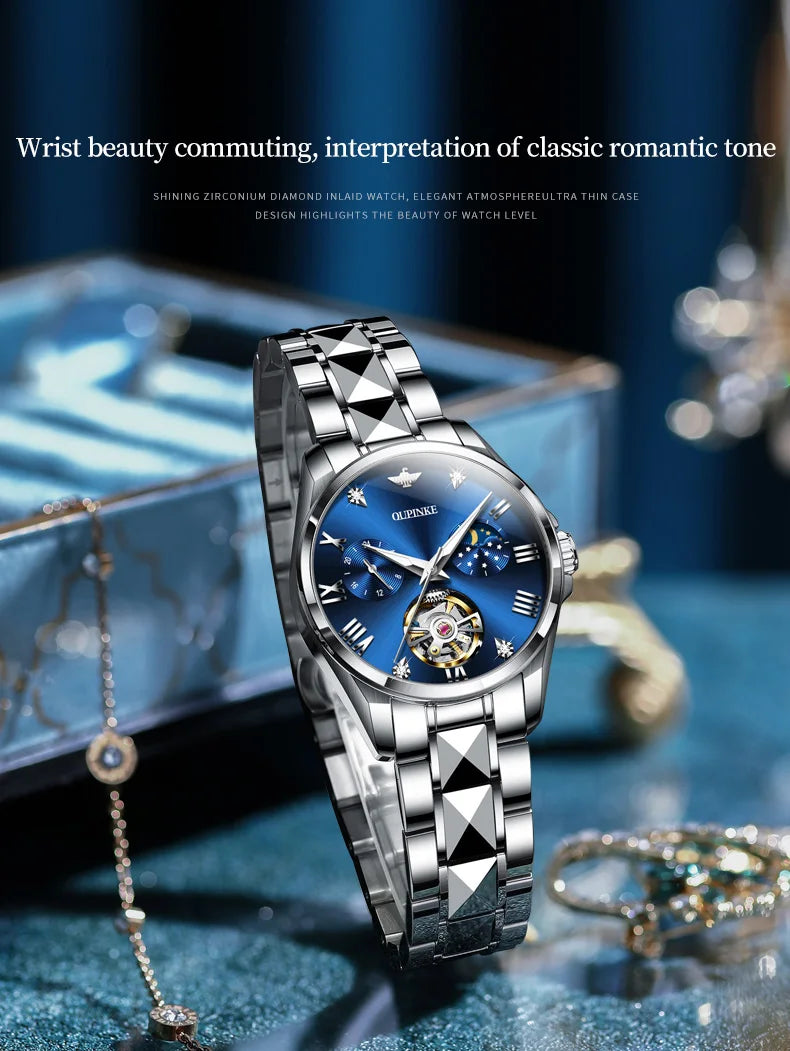 OUPINKE 3202 Women Watch Original Tungsten Steel Moon Phase Waterproof Watch Luxury Swiss Brand Women Automatic Mechanical Watch