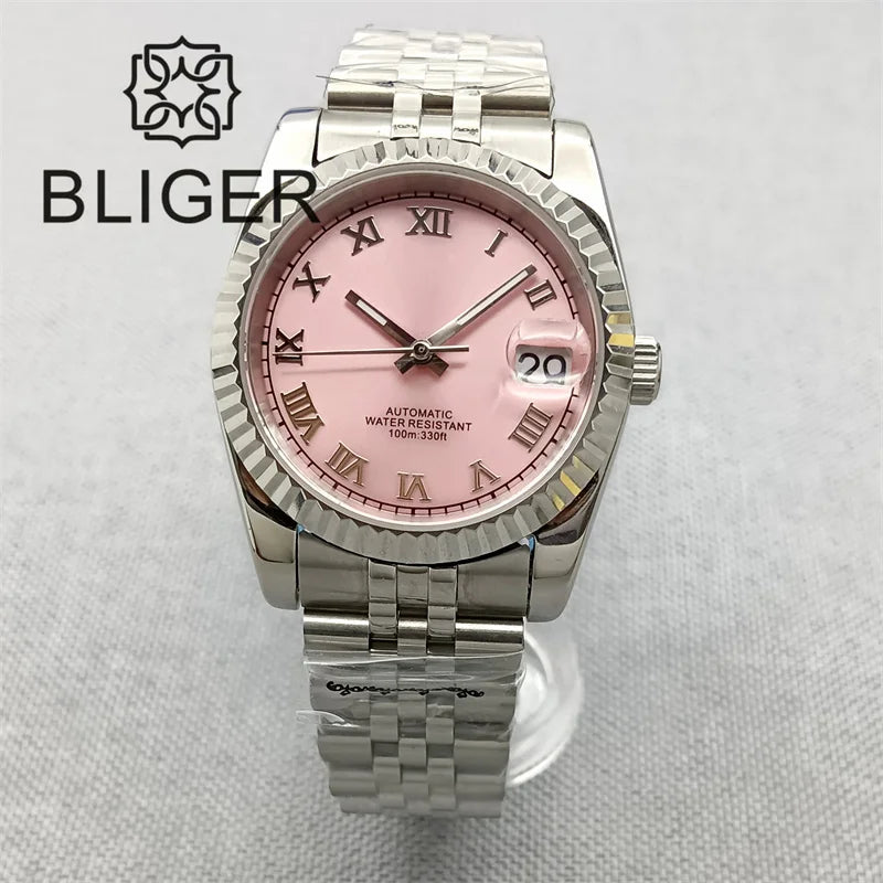 BLIGER 36mm Pink Dial WithDiamond Time Machenical Watch NH35 Automatic Movement Marks Steel Strap Silver Fluted Bezel Waterproof