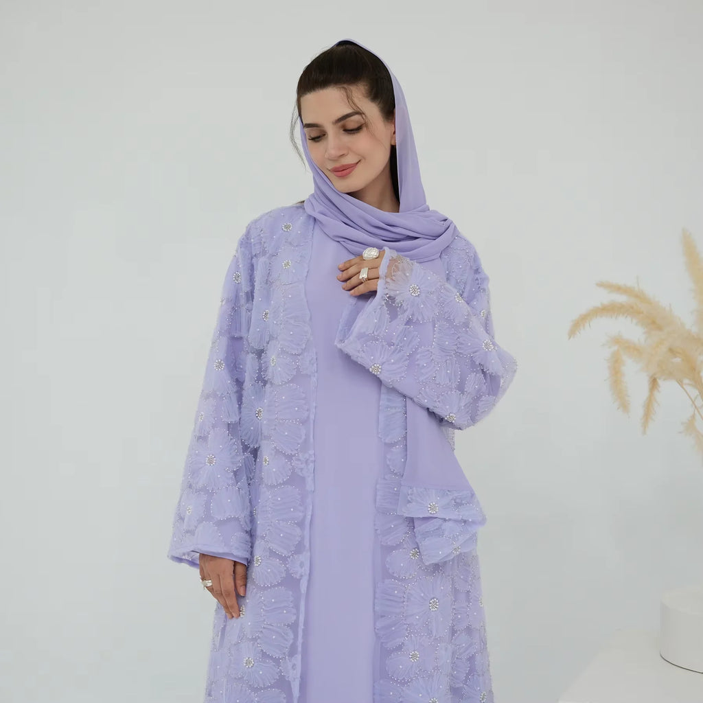 Luxury Dubai Lace Beads Cardigan Muslim Sets Women Hijab Abaya Kimono Jalabiya Ramadan Turkey Kaftan Robe Islam Clothing Caftan