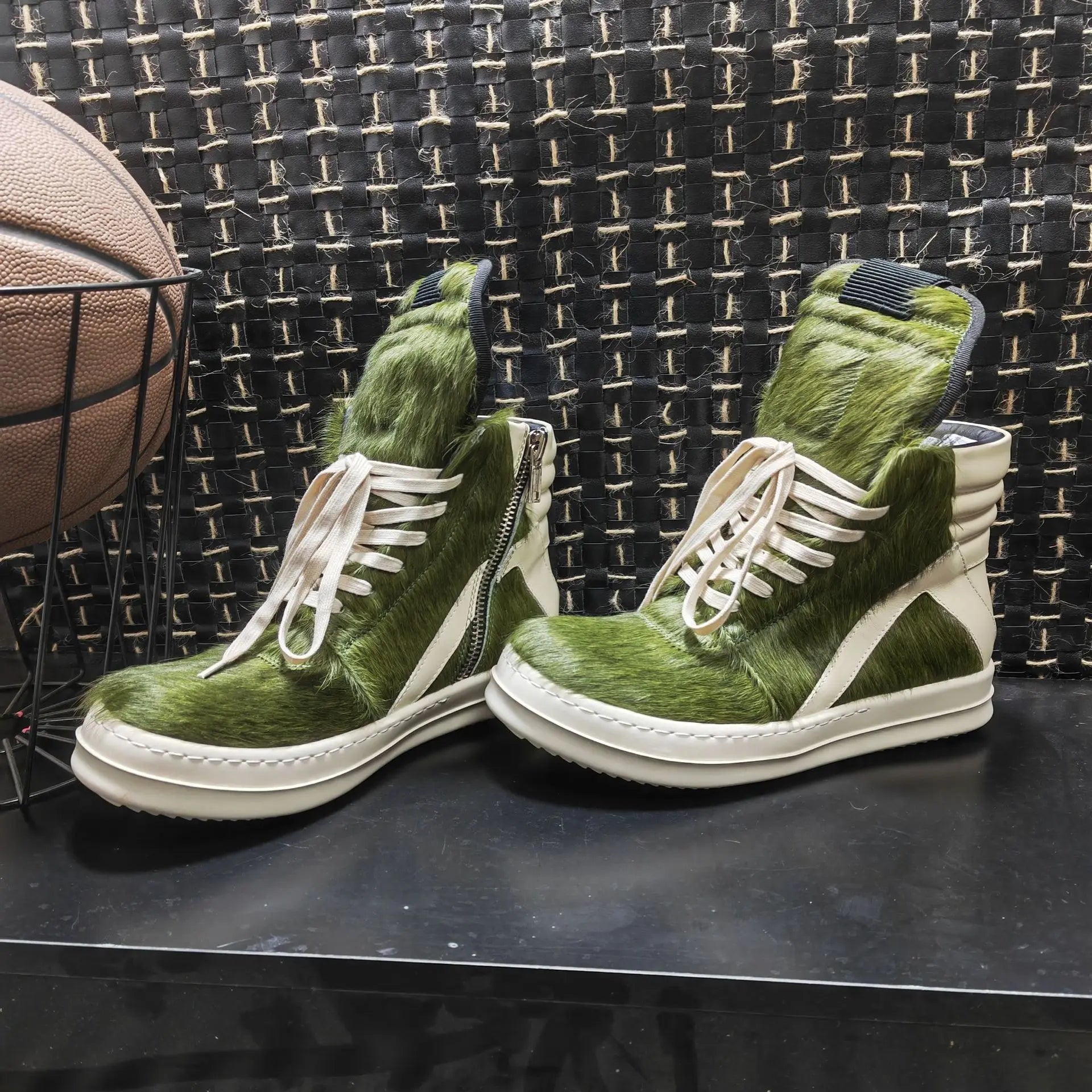 Men Boots For Women Green Horsehair Genuine Leather High Top Zip Lace Up Shoes Owens High Street Vintage Luxury Sneakers