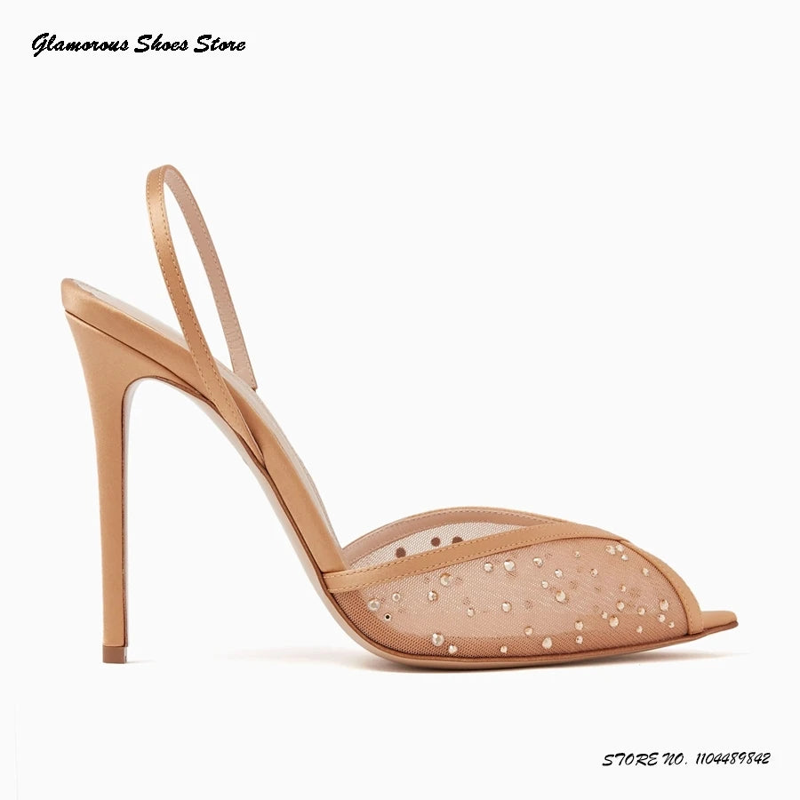 Crystal-embellished Lace Slingback Sandals Women's Pointed Open Toe Thin Heels Party Shoes Summer Fashion Pull On Stilettos