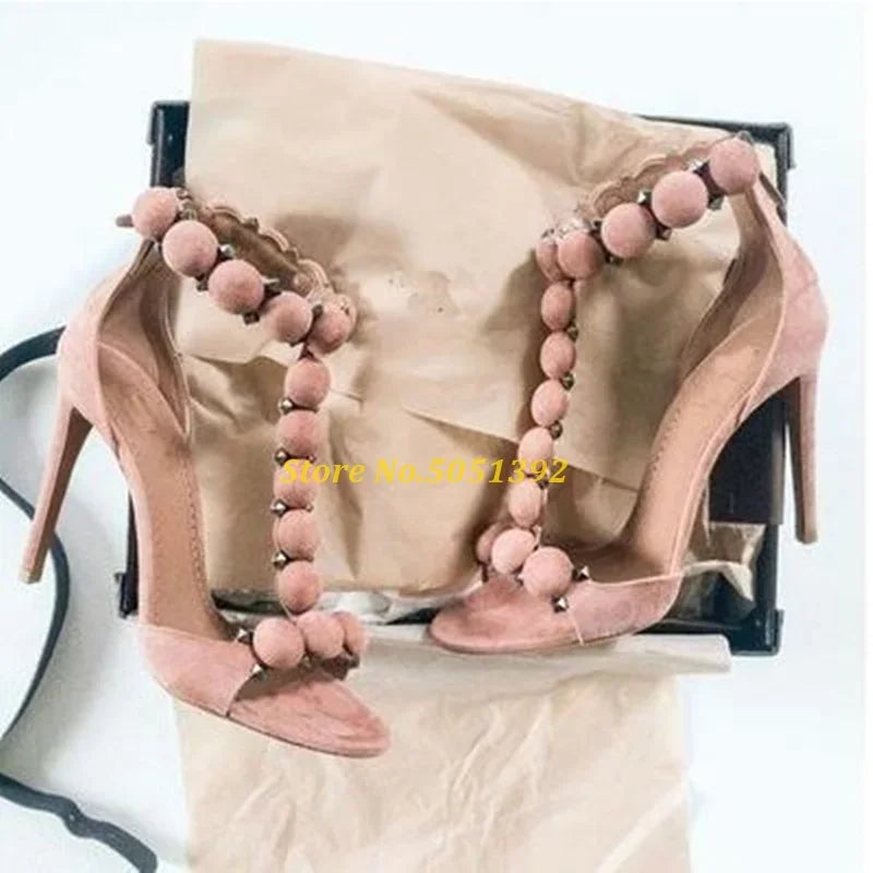 Round Ball Decor Stiletto High Heel Sandals T Strap Open Toe Cut Out Manufacturer Ladies Shoes Solid Fashion Women Sandals