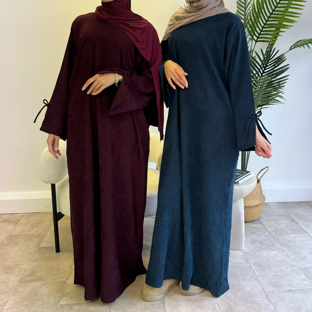 Bowknot Decorations Corduroy Abaya Muslim Women Dress O Neck Side Pockets Warm Loose Modest Islam Hijabi Robe Ramadan Autumn