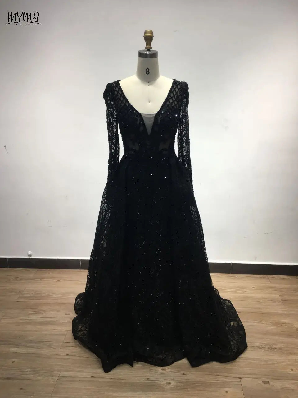 MYMB Blue Elegant Long Sleeves Women Celebrity Dress for Formal Occasions Luxury Arabic V Neck Beading Lace Evening Gowns DKN108