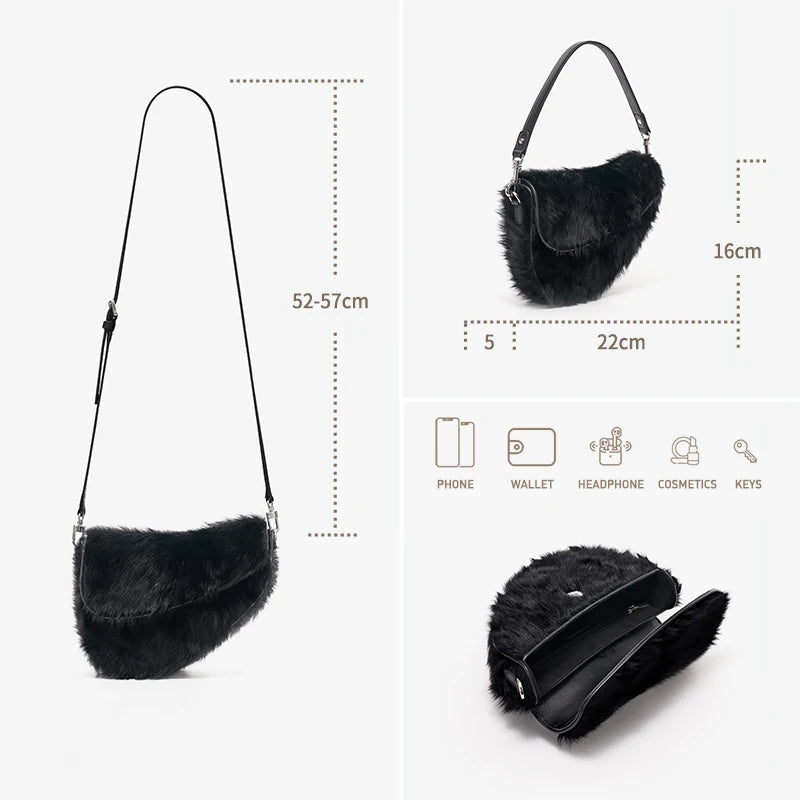 BAFELLI 2025 NEW WOMEN'S HANDBAG TREND GENUINE LEATHER FASHION STYLE WINTER SADDLE FUR BAGS LUXURY BRAND DESIGNER SHOULDER PURSE
