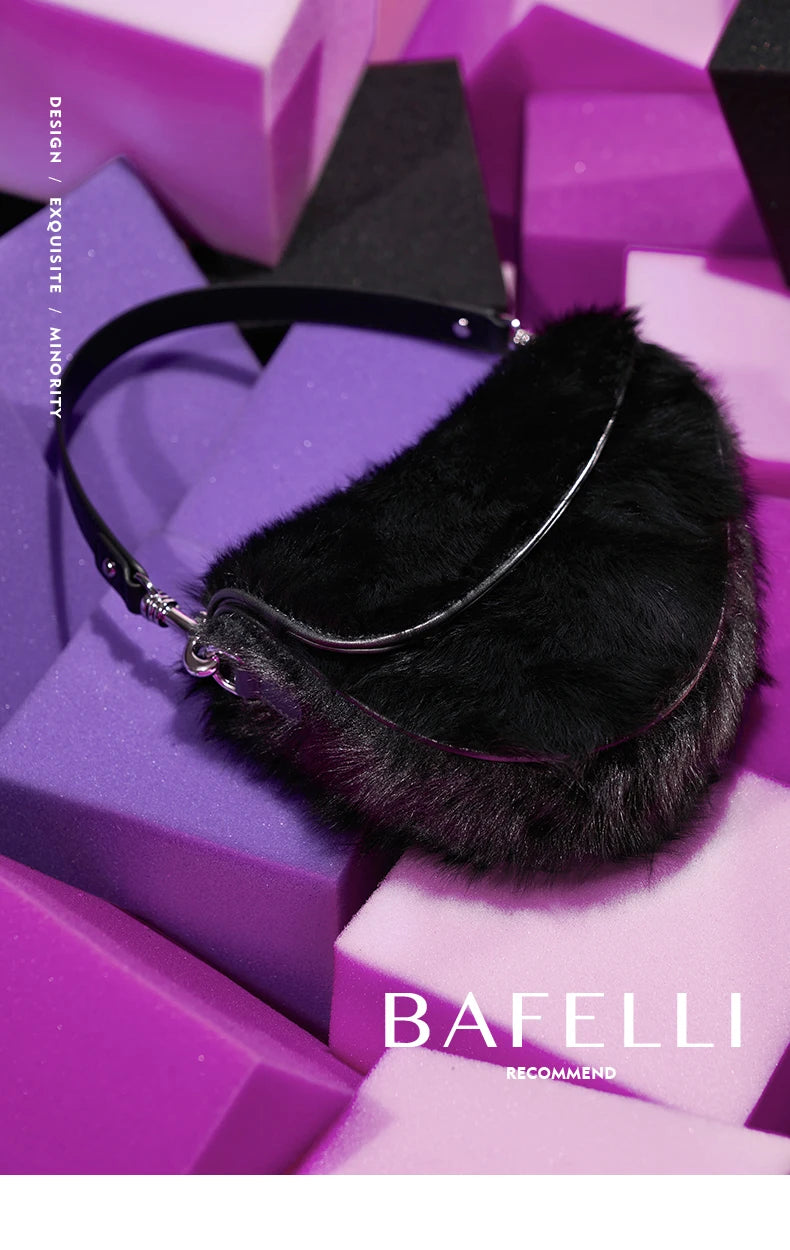 BAFELLI 2025 NEW WOMEN'S HANDBAG TREND GENUINE LEATHER FASHION STYLE WINTER SADDLE FUR BAGS LUXURY BRAND DESIGNER SHOULDER PURSE